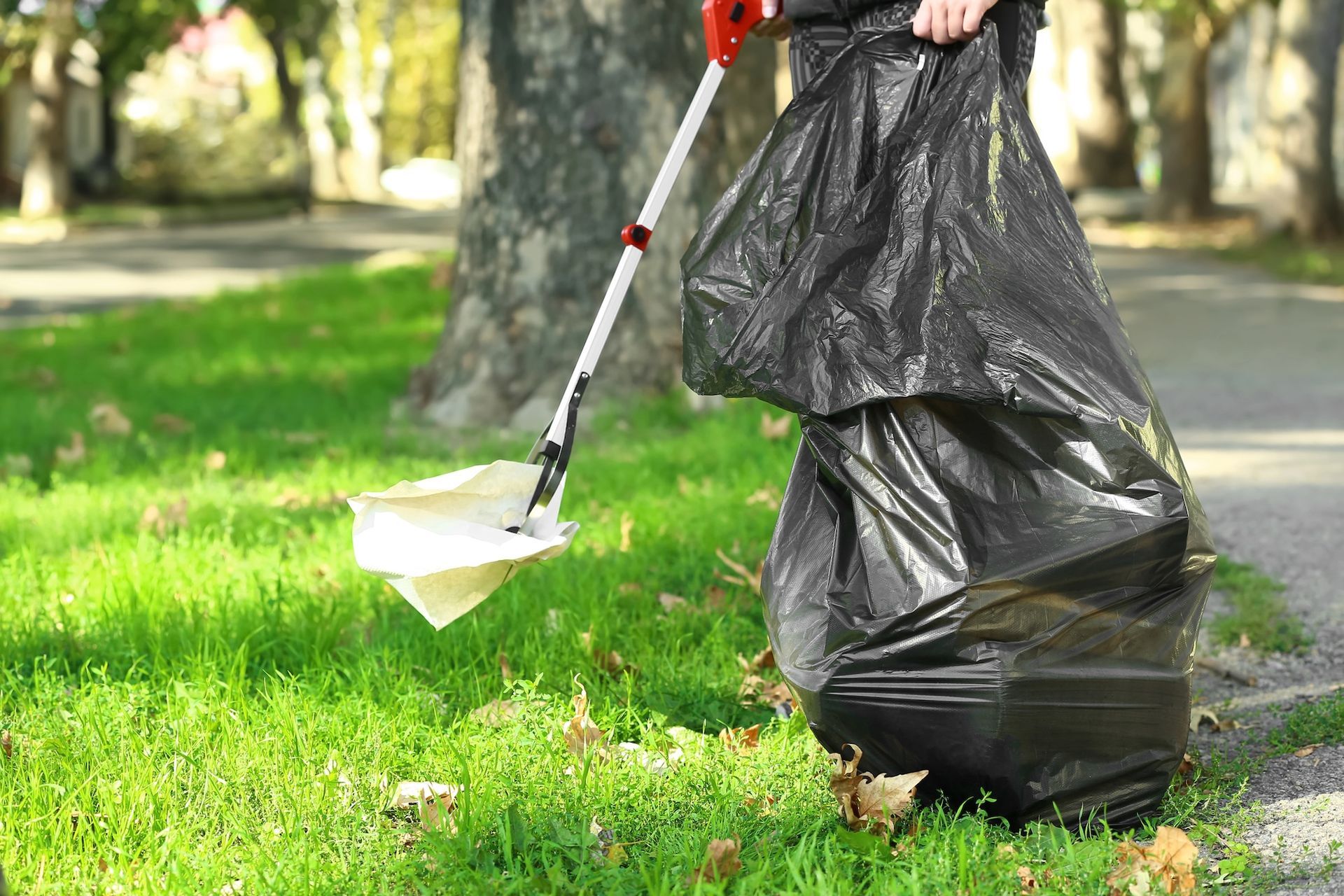 Person picking up trash with a grabber, placing it in a black trash bag on a grassy area.