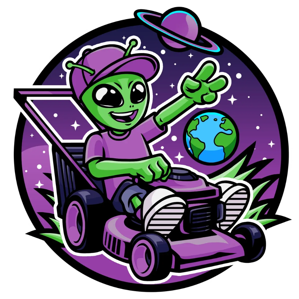 Green alien in purple hat waving from rocket with moon in the background; “GALAXY” on rocket.