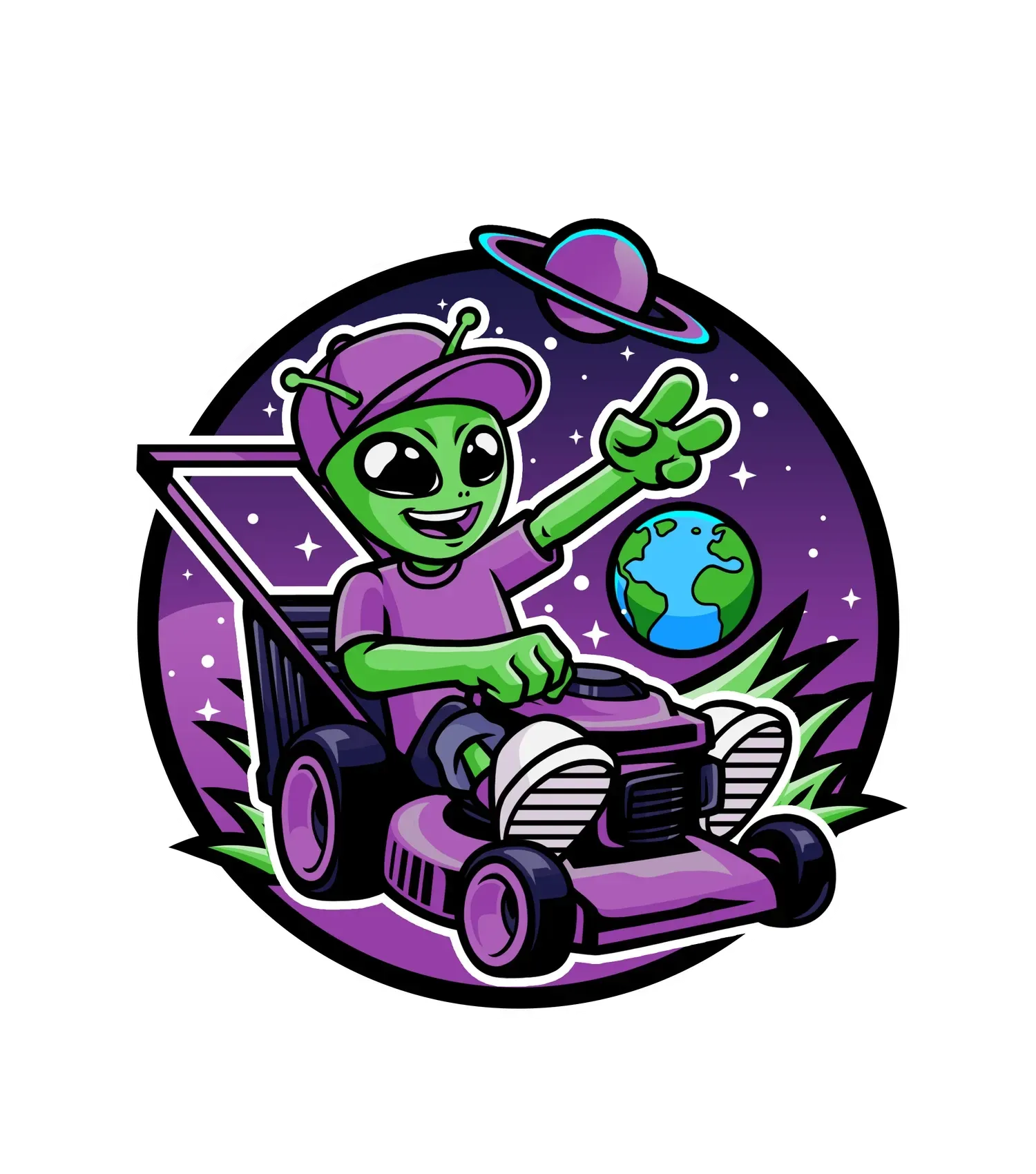 Green alien mowing lawn on Earth; purple and pink color scheme; friendly expression.