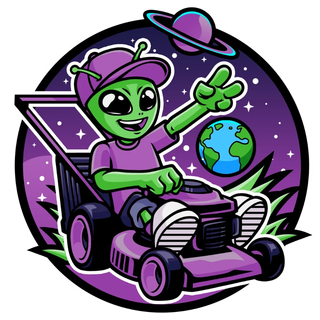 Green alien in purple hat waving from rocket with moon in the background; “GALAXY” on rocket.