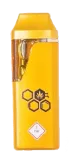 A yellow, rectangular disposable THC vape device with a honeycomb logo containing a marijuana leaf icon on its front.