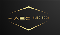 Gold logo for ABC Auto Body with a geometric shape on a black background.