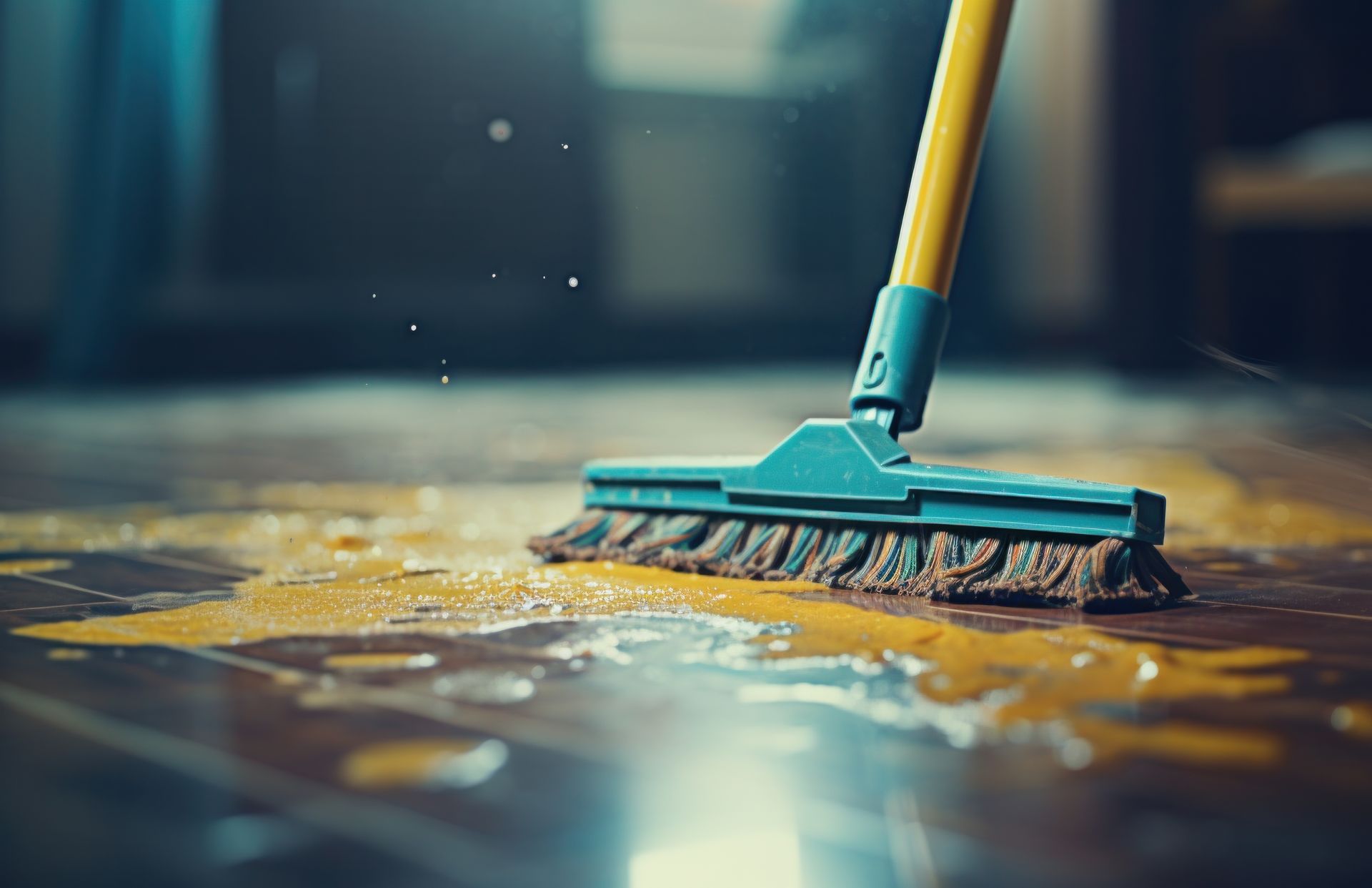 A mop is being used to clean a dirty floor.