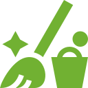 A green icon of a broom and bucket on a white background.