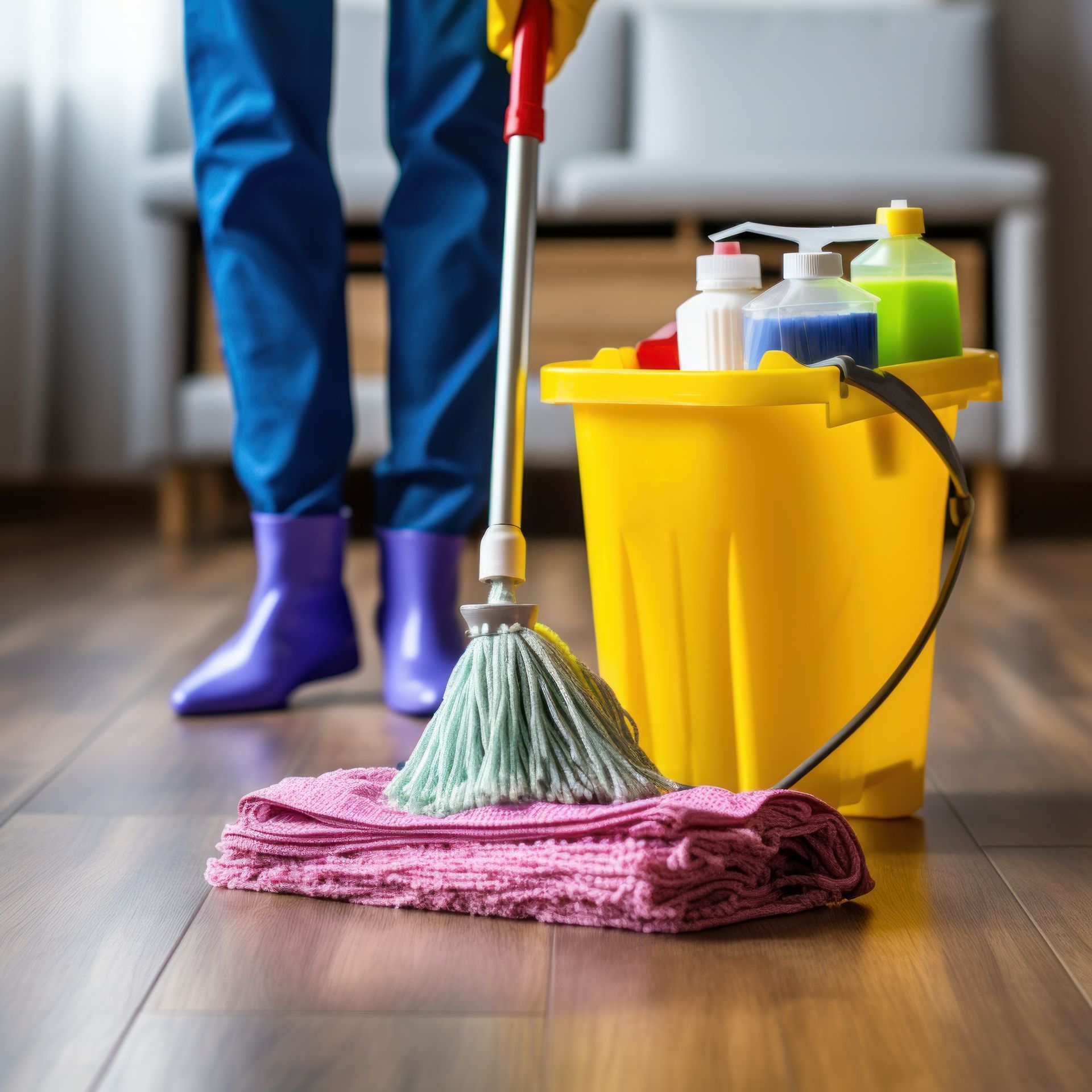 A person is mopping the floor next to a yellow bucket filled with cleaning supplies.