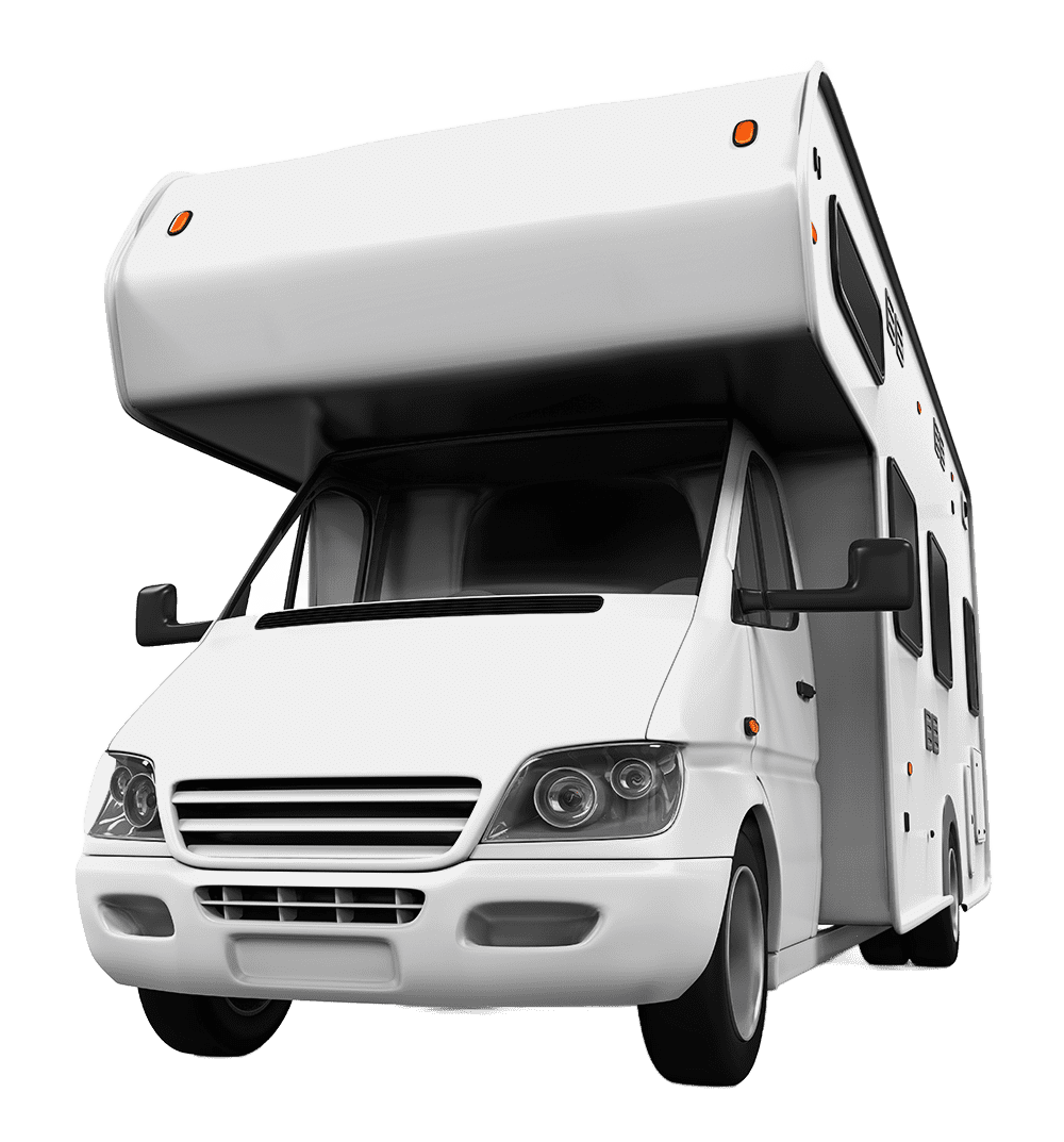 A white rv is parked on a white background.
