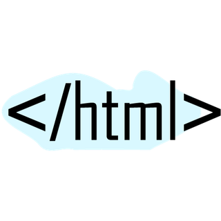 Closing HTML tag: less than symbol, forward slash, "html", greater than symbol, light blue blob background.