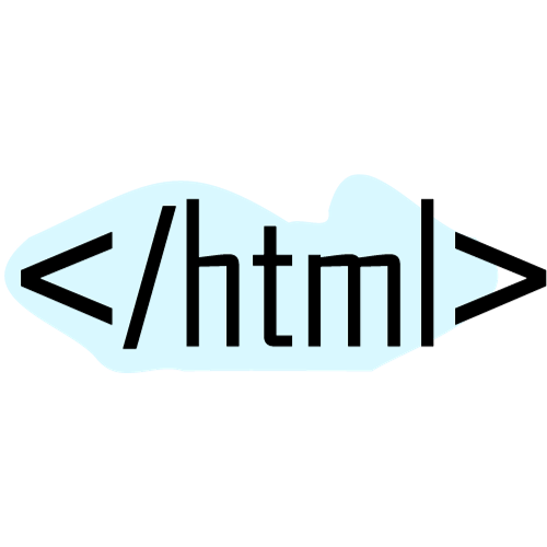 Closing HTML tag: less than symbol, forward slash, "html", greater than symbol, light blue blob background.