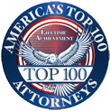 America's Top 100 Attorneys badge. Blue, white, and red circular emblem with eagle and
