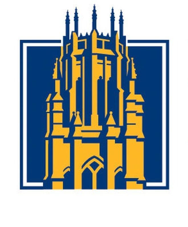 Gold cathedral silhouette within a blue square, on a white background.