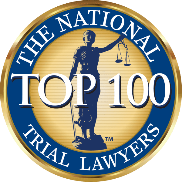 The National Trial Lawyers Top 100 award logo with Lady Justice silhouette holding scales. Blue, gold, white text.