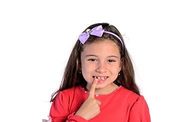 Child girl pointing teeth