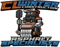 Logo for CL Winter Construction: A road roller robot holding a shovel, "Asphalt Specialists" below.