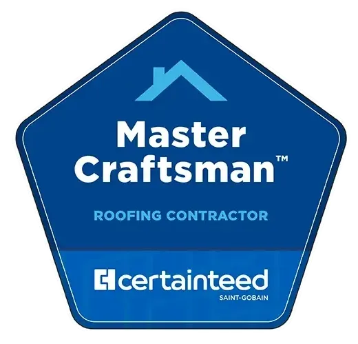 A blue Certainteed master craftsman roofing contractor badge