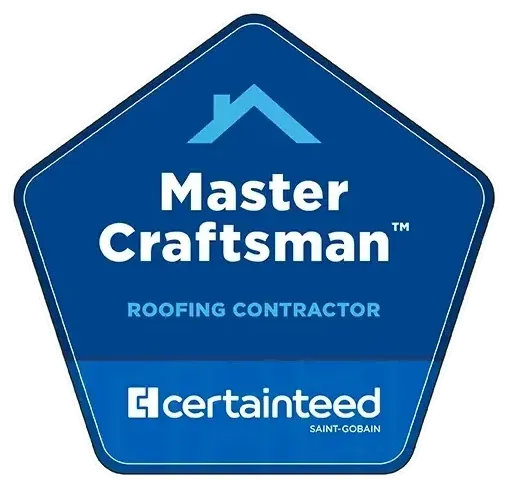 A blue Certainteed master craftsman roofing contractor badge