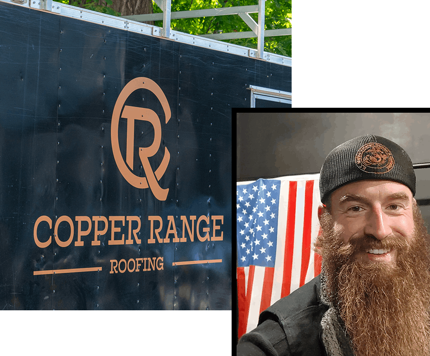 A man with a beard is smiling in front of a copper range roofing sign.