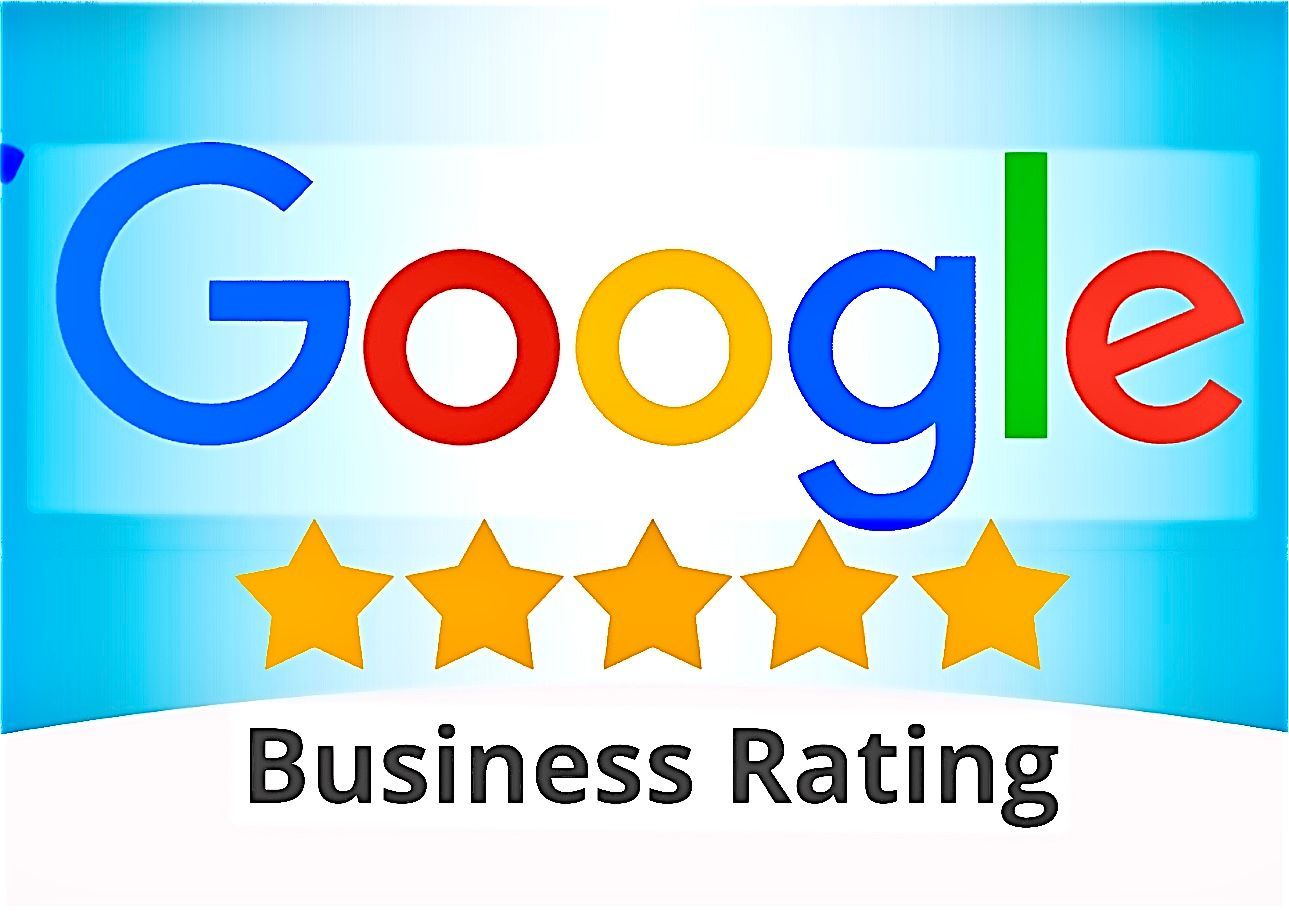 Google logo above five gold stars and the text "Business Rating" against a light blue background.