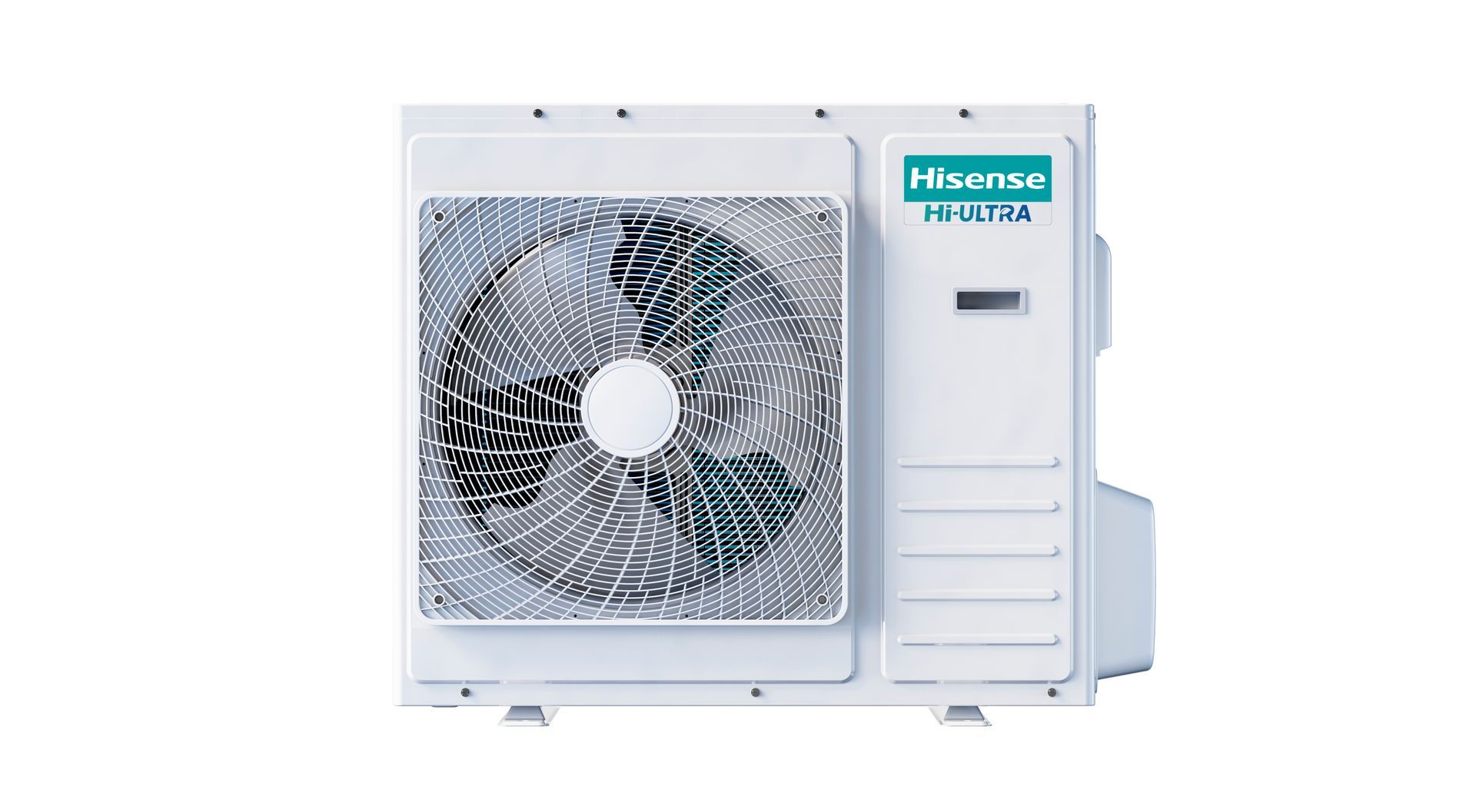 White Hisense outdoor air conditioner unit with a front-facing circular fan grille.