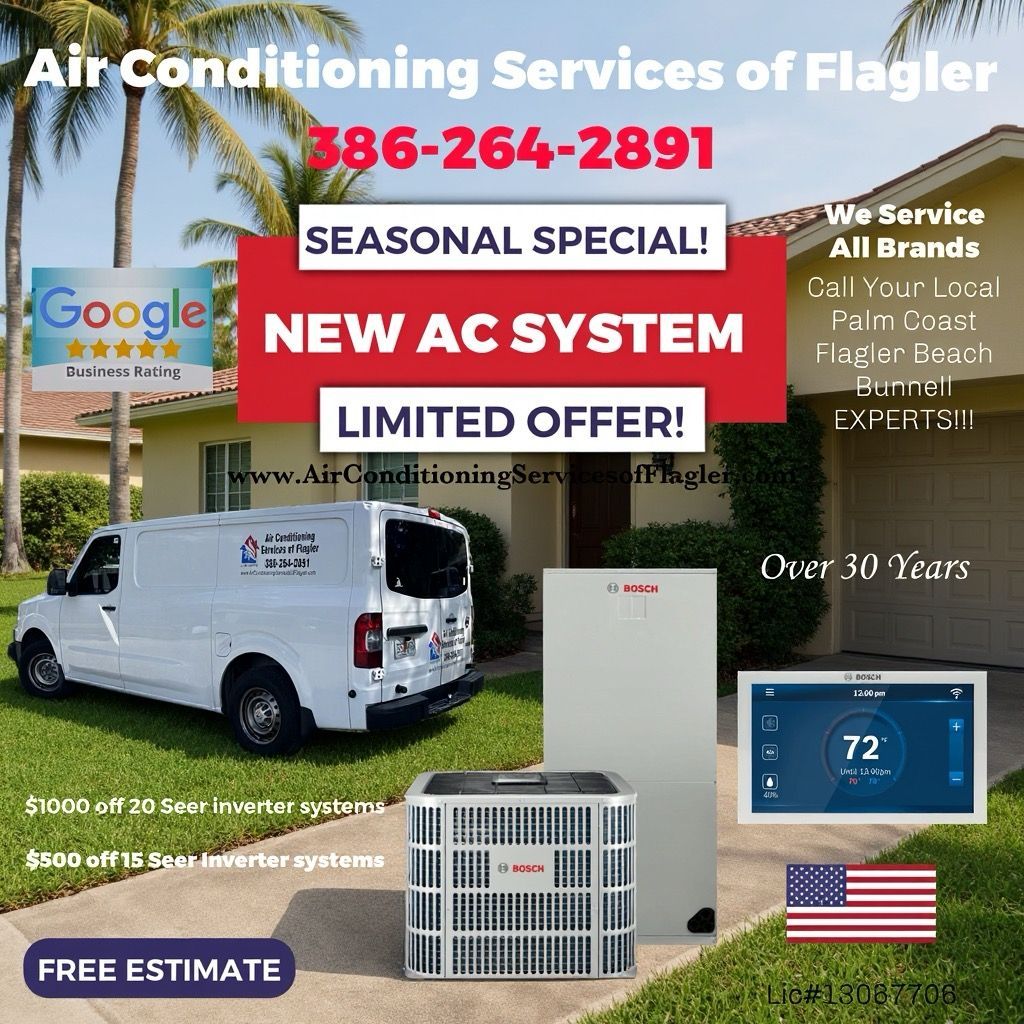 Promotional flyer for Air Conditioning Services of Flagler, featuring a service van, equipment, and discount offers.