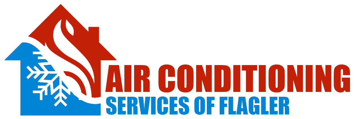 A red and blue house icon containing a white snowflake, next to the red text "AIR CONDITIONING" and blue "SERVICES OF FLAGLER".