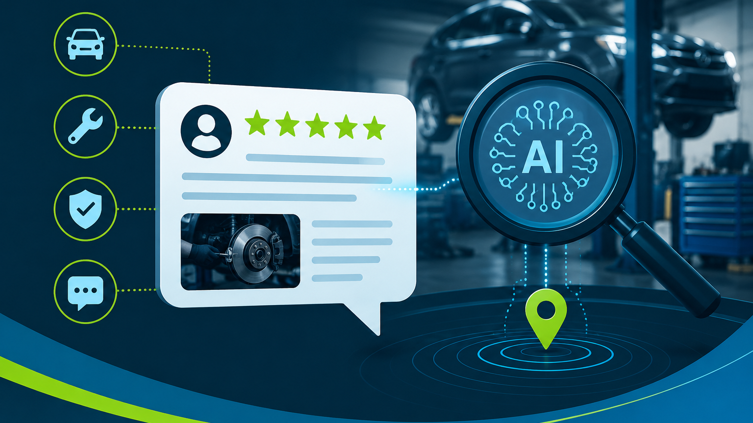 Digital AI customer support interface with chat, rating stars, magnifying glass, and location pin icons