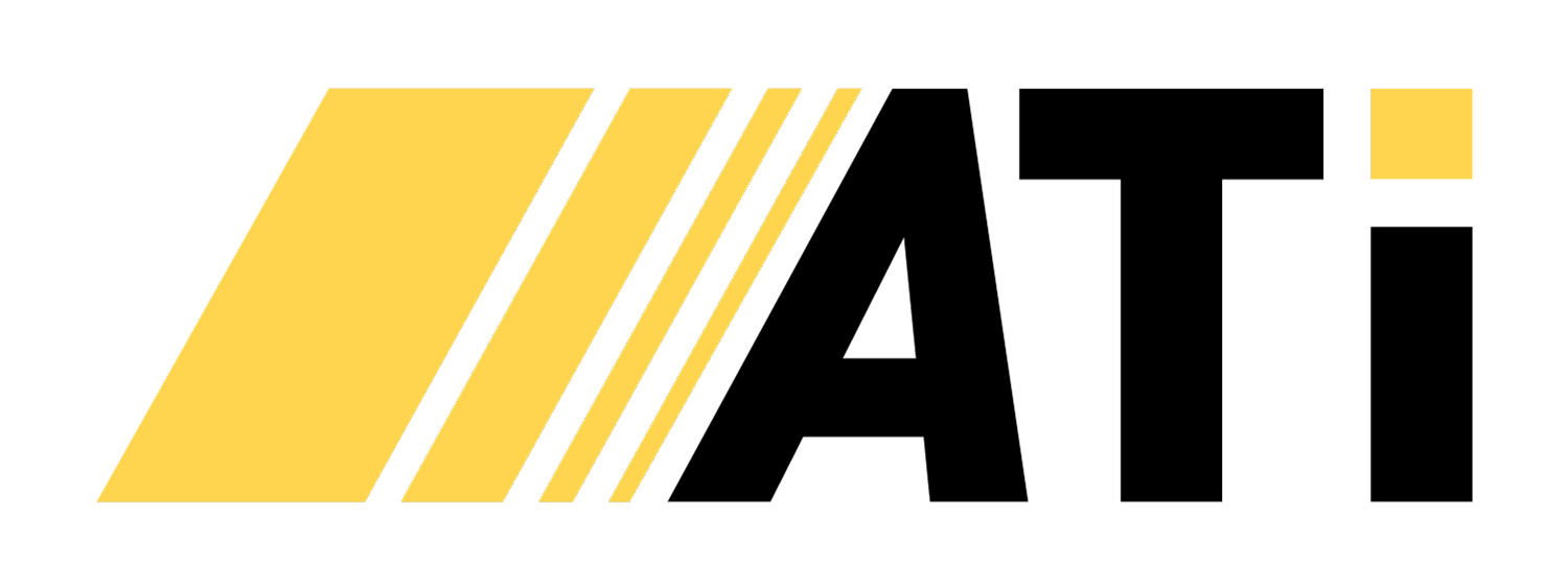 A yellow and black logo for ati on a white background.