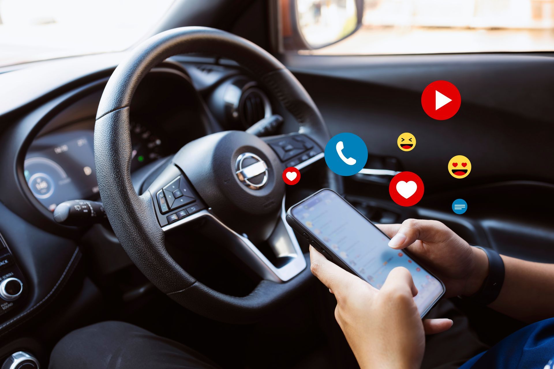 Person using a phone while holding a steering wheel, icons of social media floating around.
