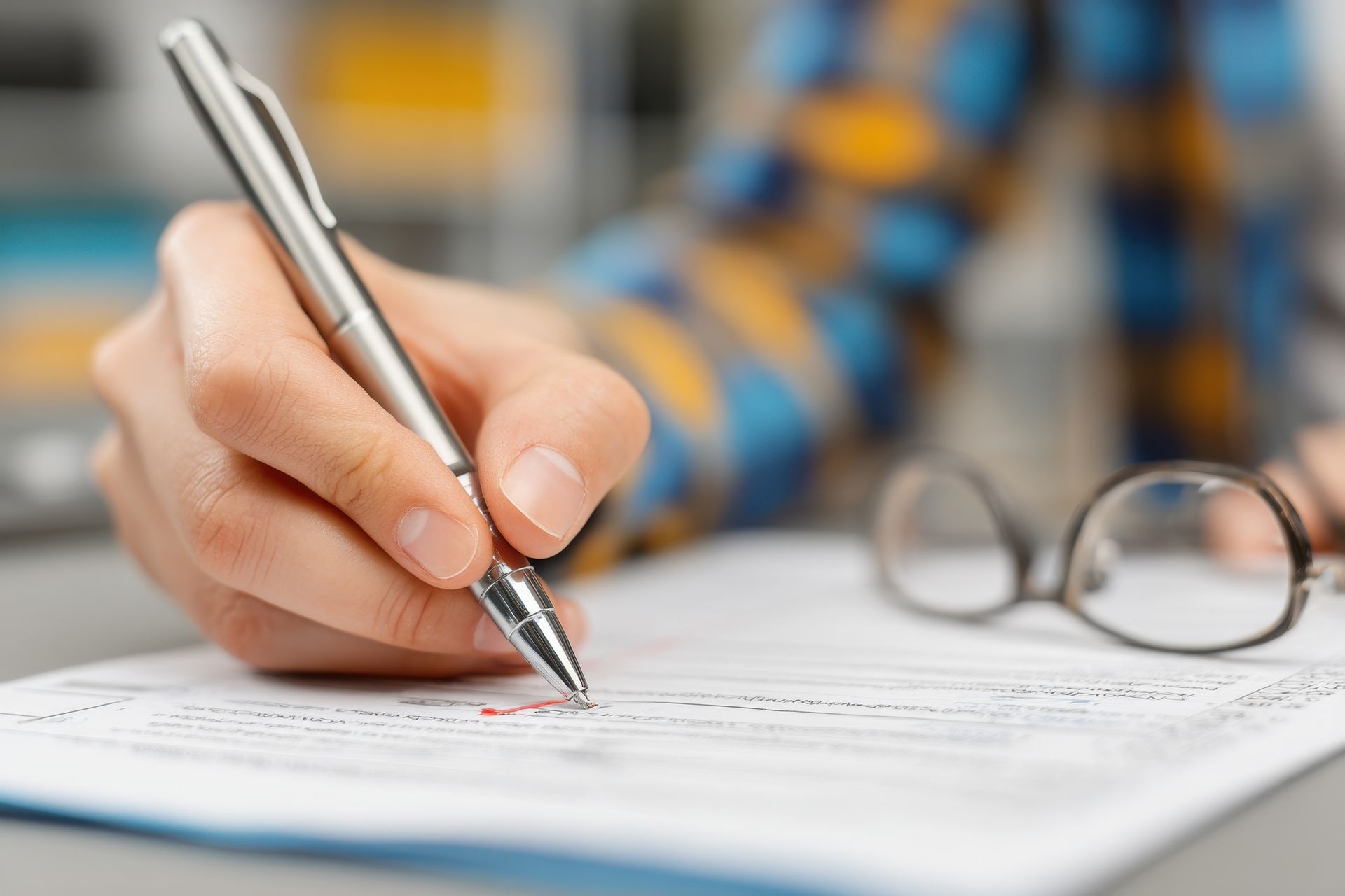 Hand writing on a document with a pen beside eyeglasses on a desk