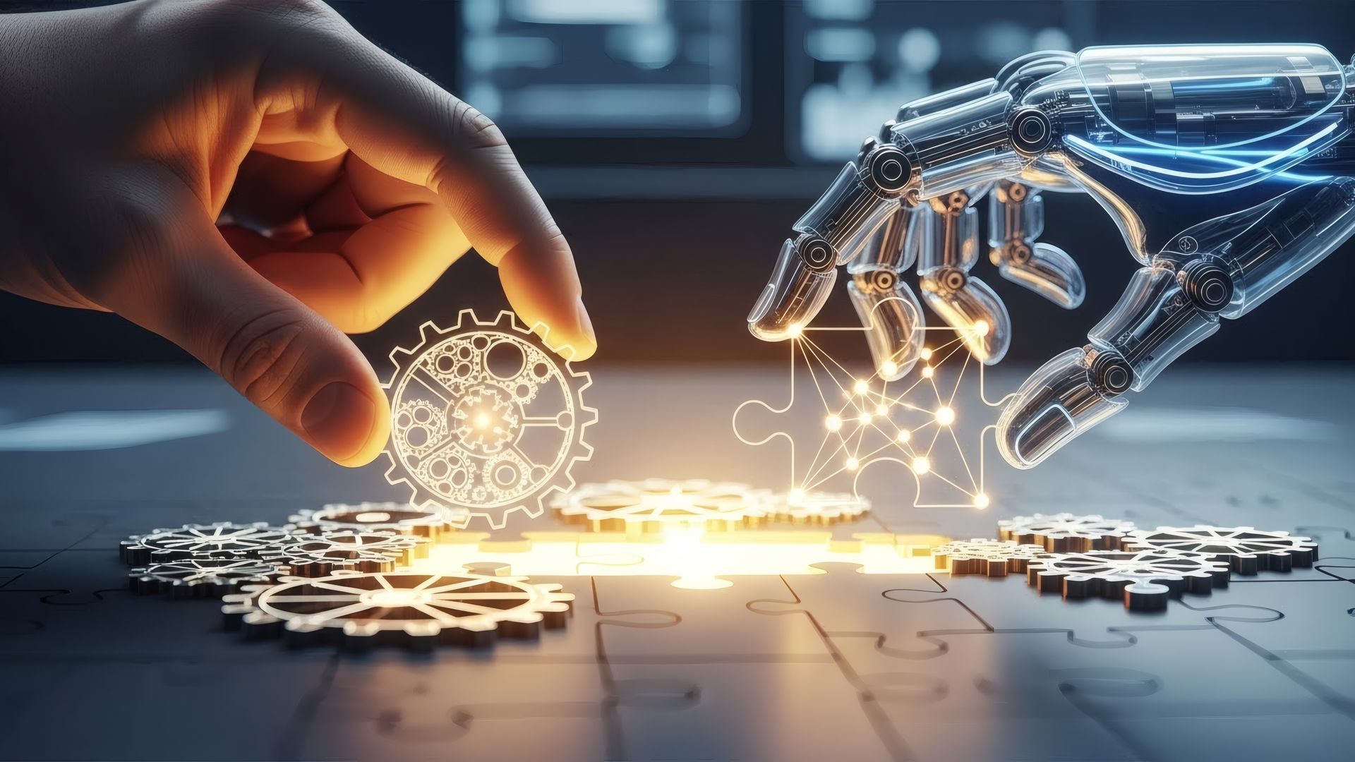 A human hand and a robotic hand work together to assemble glowing, digital puzzle-like gear pieces on a dark surface.