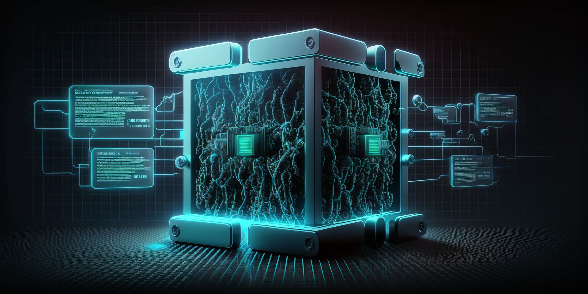 A glowing, metallic digital cube with internal circuit patterns, surrounded by floating data panels against a dark grid.