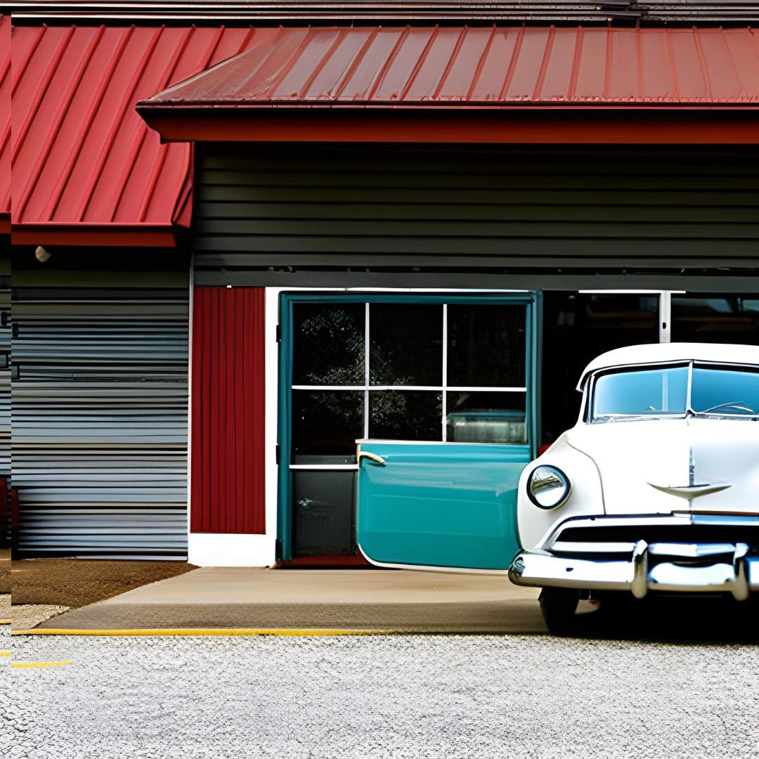 A white car is parked in front of a building with a red roof