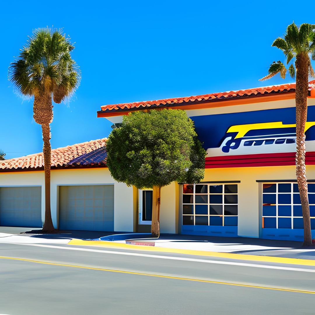 A building with a train on the side of it