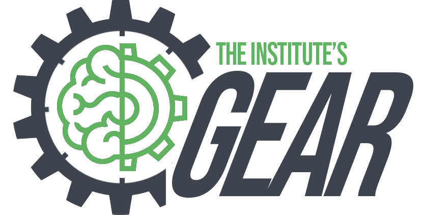 A logo for the institute 's gear with a brain and a dollar sign.