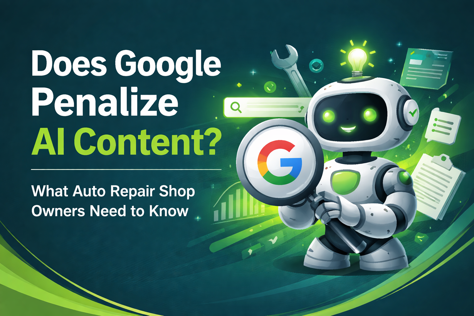 A smiling robot holding a Google magnifying glass on a green background with the text,