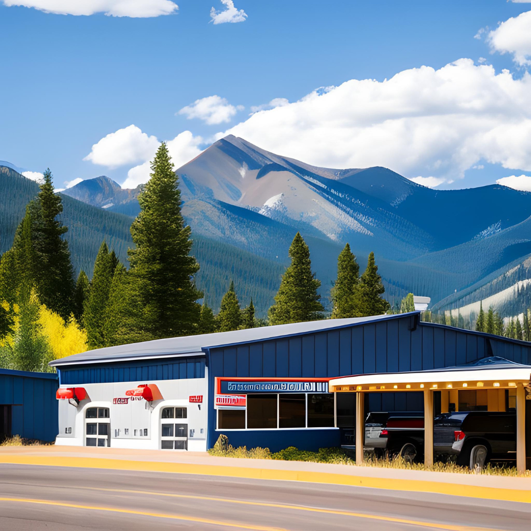 A blue and white building with mountains in the background