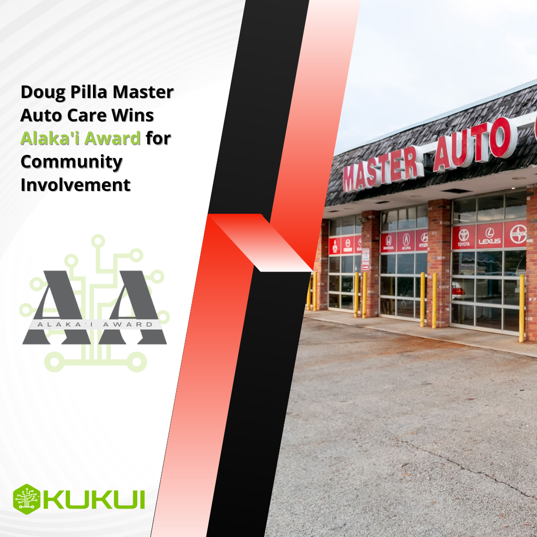 A poster that says doug pilla master auto care wins alakai 's award for community involvement