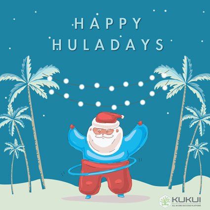 A cartoon of santa claus holding a hula hoop in front of palm trees.