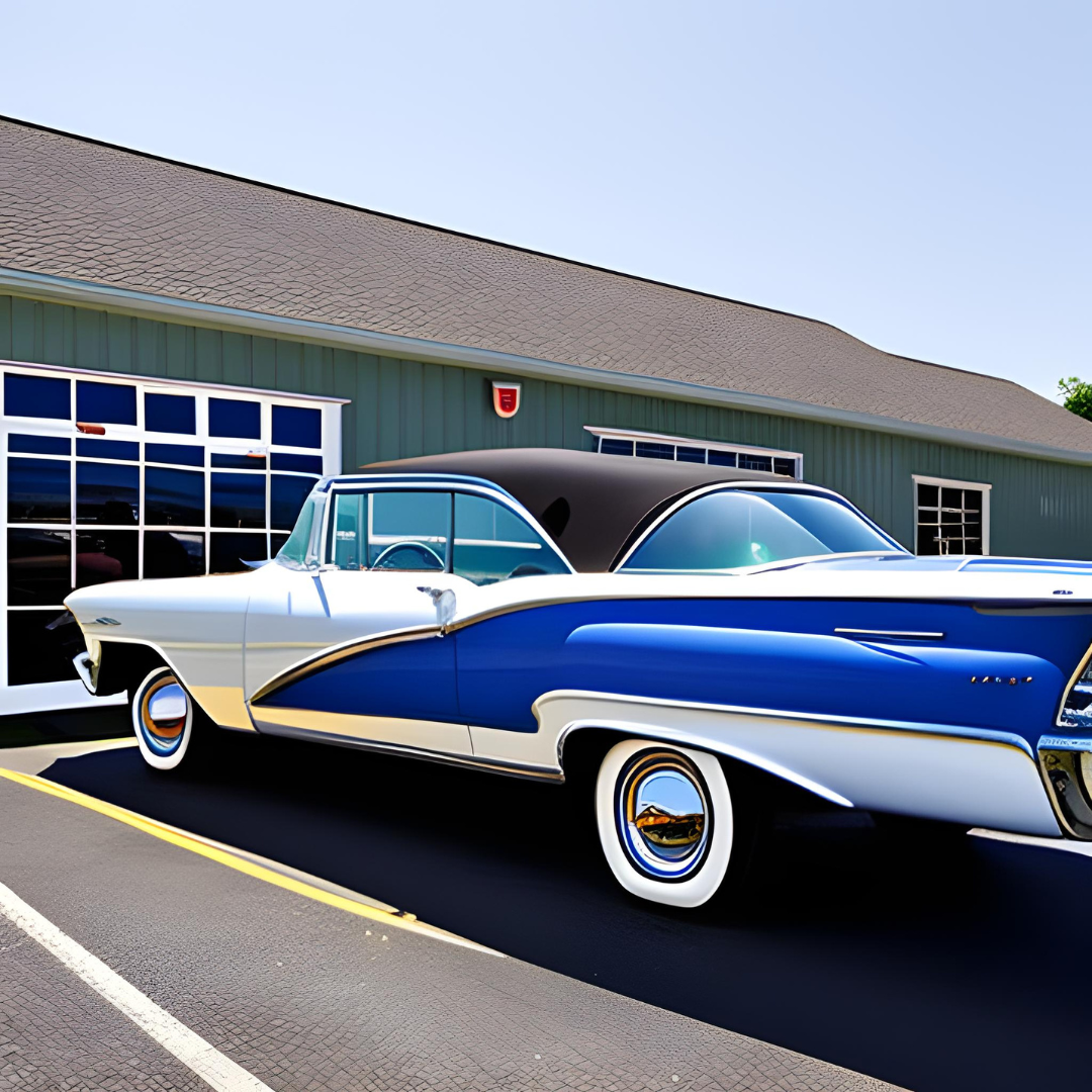 A blue and white car is parked in front of a garage