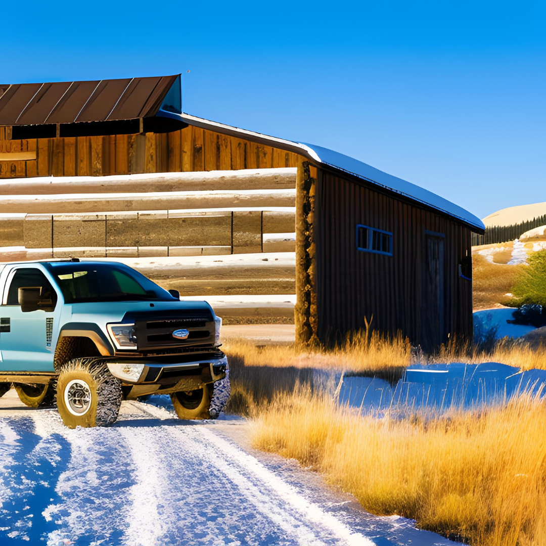 A truck is driving down a snowy road in front of a log cabin