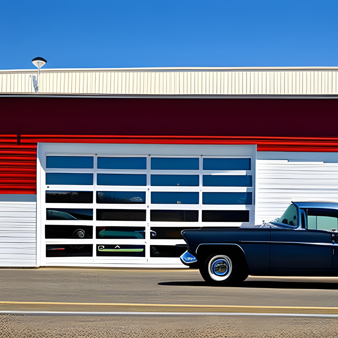 A blue car is parked in front of a red and white building