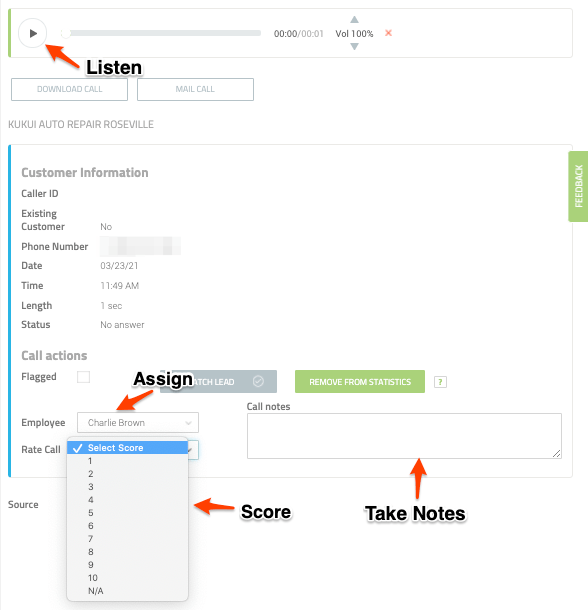 A screenshot of a website showing how to listen to a call and take notes