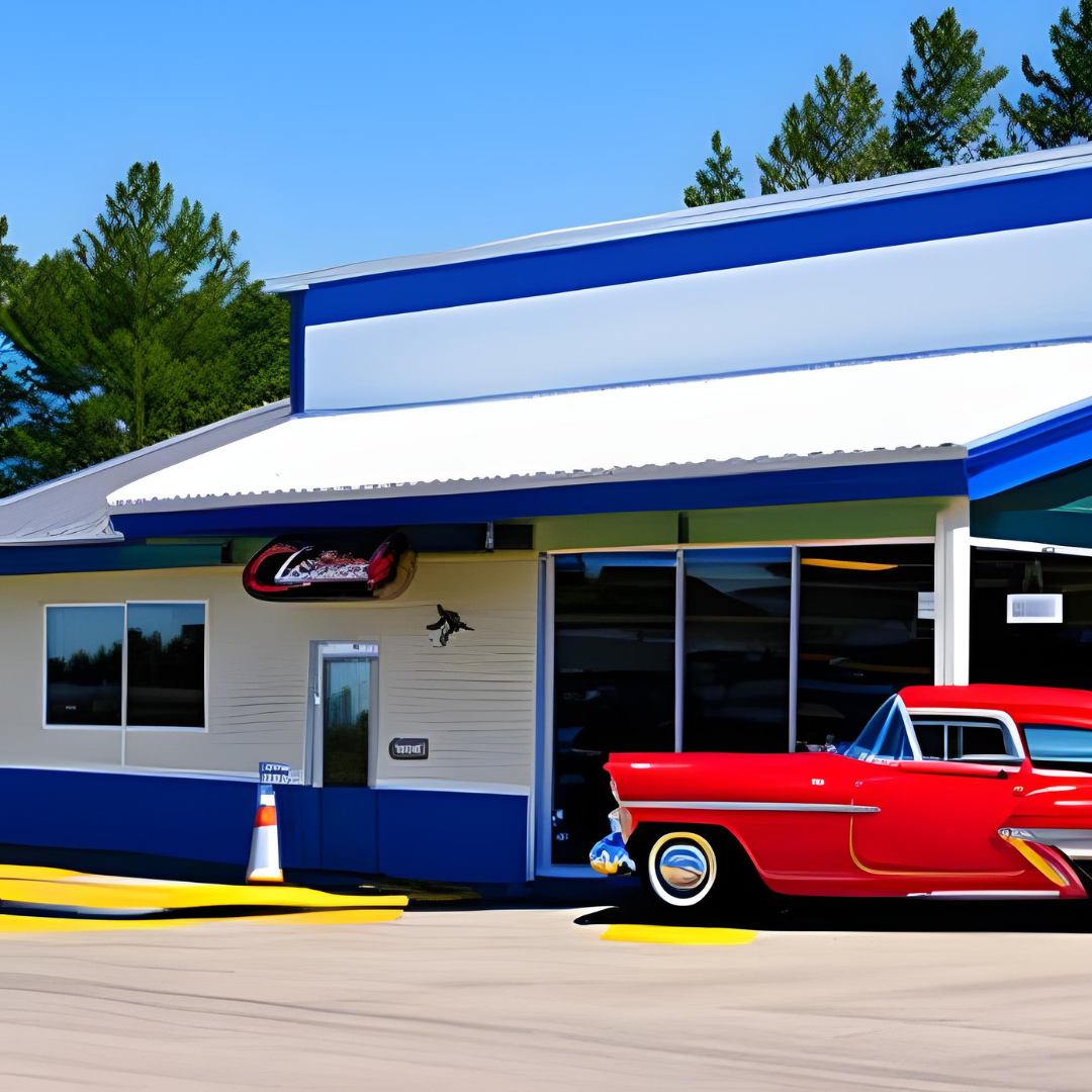 A red car is parked in front of a building that says virginia
