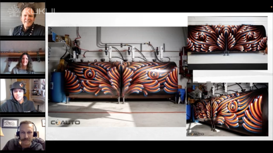 A group of people are sitting in front of a painting on a wall.