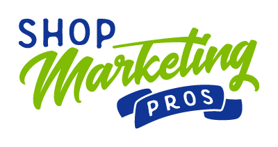 The logo for shop marketing pros is green and blue.