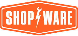 A logo for shop ware with a lightning bolt on it