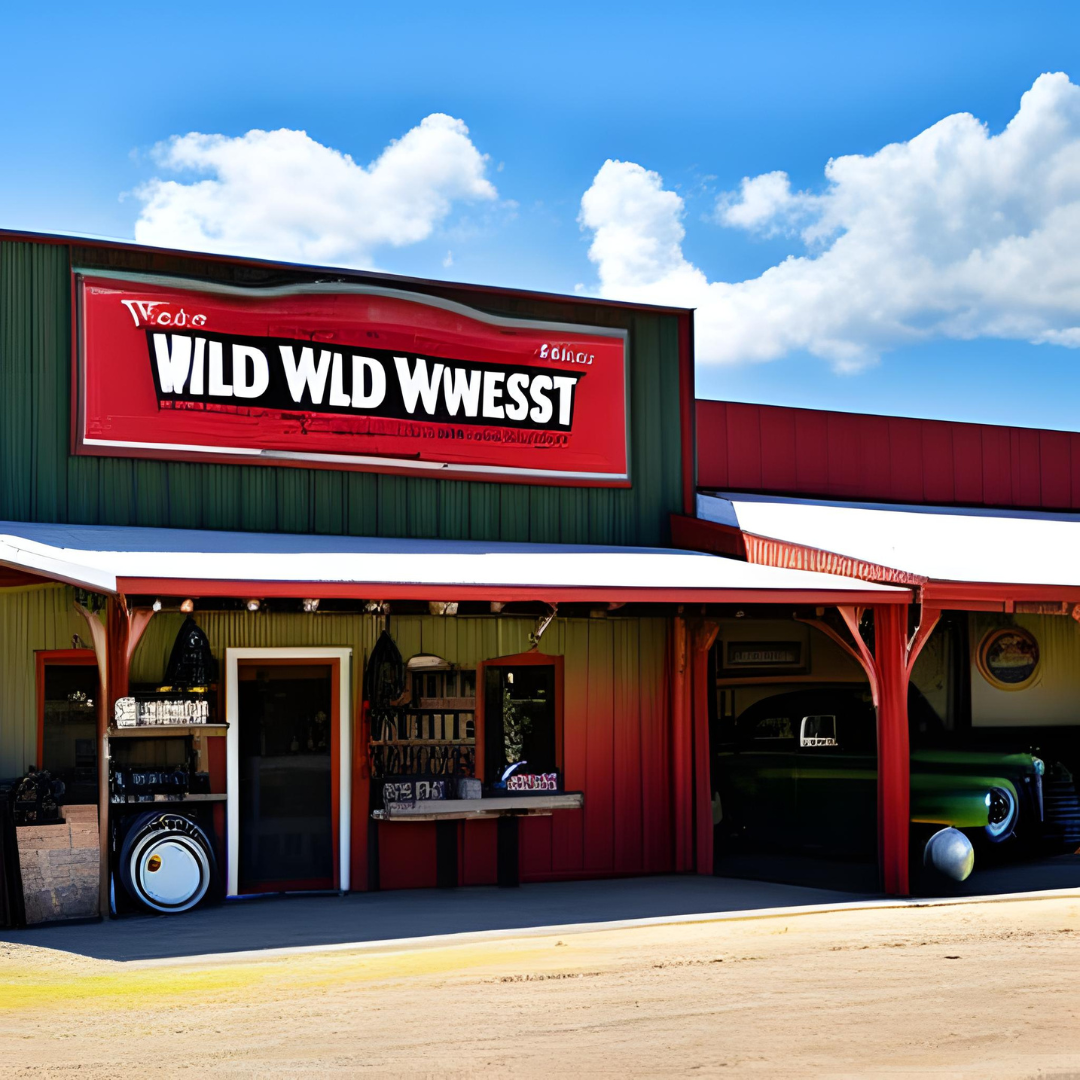 A store front with a red sign that says wild wild wwesst