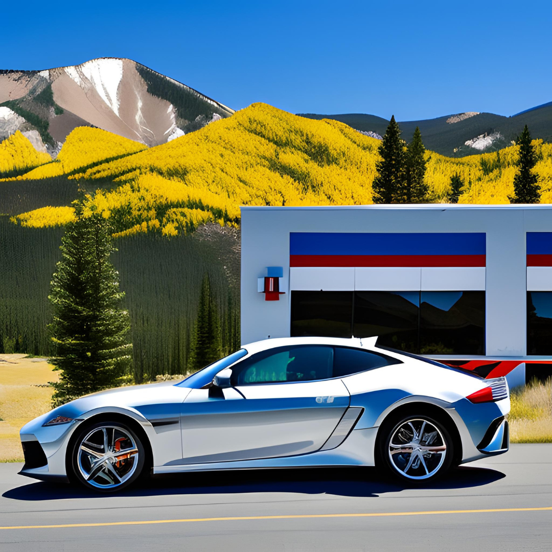 A silver sports car is parked in front of a building with mountains in the background