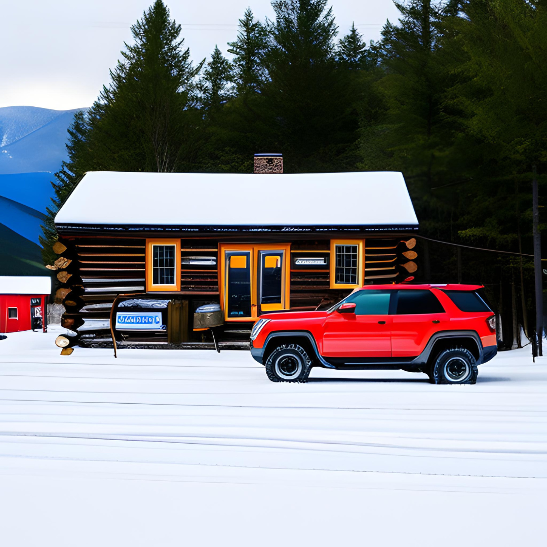 A red car is parked in front of a log cabin