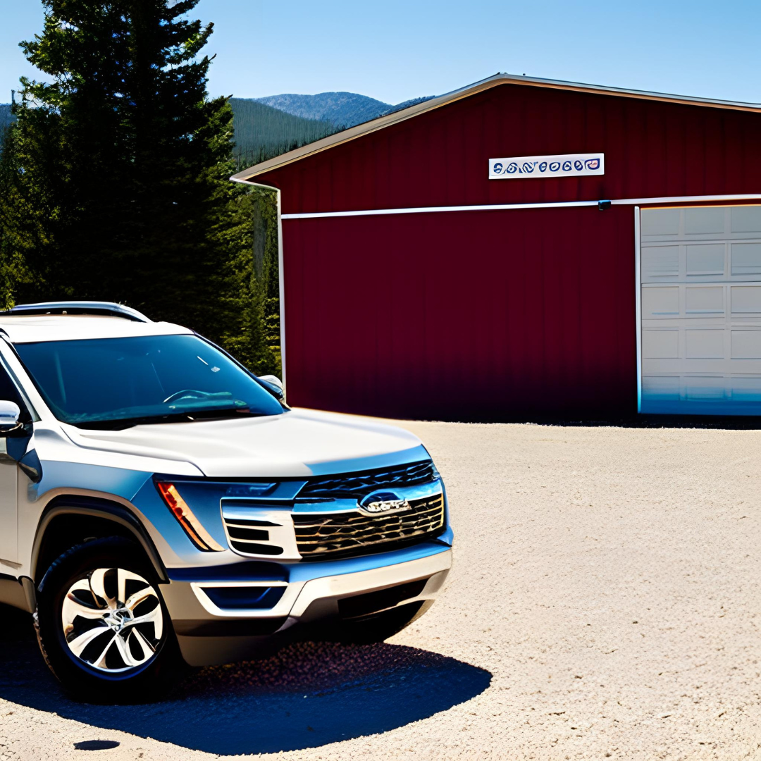 A silver car is parked in front of a red garage