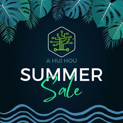 A summer sale poster with tropical leaves and waves